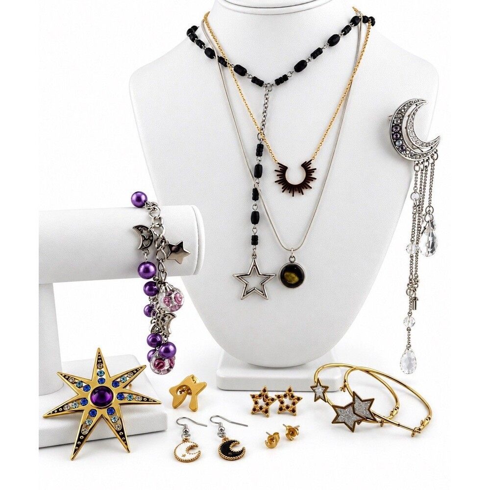 Celestial Jewelry Lot Stars Moon Sun Brooch Necklace Earrings Bracelet